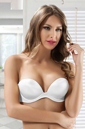 2 Beden Büyüten Büyük Gösteren Straplez Beyaz Sütyen