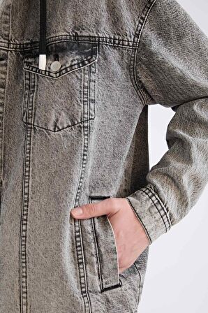 DeFacto Oversize Geniş Kalıp Kapüşonlu Düğmeli Mevsimlik Baharlık Jean Ceket D0416AX24AUNM55