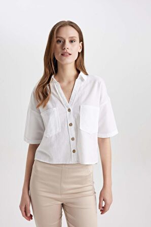 DeFacto Boxy Fit Keten Karışımlı Kısa Kollu Gömlek V2523AZ24SMWT34