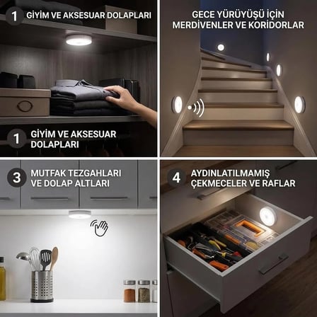 Hareket Sensörlü Led Gece Lambası Şarj Edilebilir Dolap Merdiven Duvar Aydınlatma Beyaz Renk Yuvarlak Yapışkan Mıknatıs Manyetikli