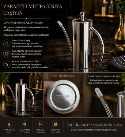 NUMAX 304 Lüks Paslanmaz Çelik Yağdanlık-Demlik 700 ML 1 Adet ,Ateşe Uygun & Şık Sofra & Mutfak Kullanımı