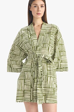 DeFacto Regular Fit Desenli Kuşaklı Pamuklu Kimono-Fall in Love D0453AX25SPKH451