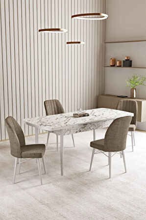 Lara Beyaz Mermer Desen 80 X 132 Açılabilir MDF Mutfak Masası 4  Sandalye