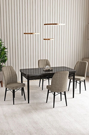 Lara Siyah Mermer Desen 80 X 132 Açılabilir MDF Mutfak Masası 4  Sandalye