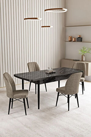 Lara Siyah Mermer Desen 80 X 132 Açılabilir MDF Mutfak Masası 4  Sandalye