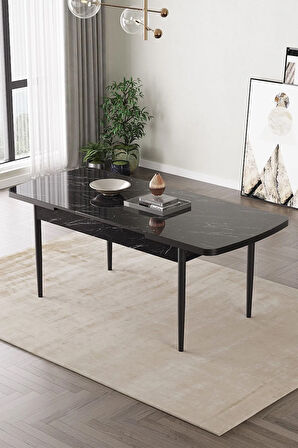 Lara Siyah Mermer Desen 80 X 132 Açılabilir MDF Mutfak Masası 4  Sandalye