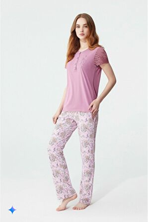 Gül Kurusu Çiçekli Pijama Takımı
