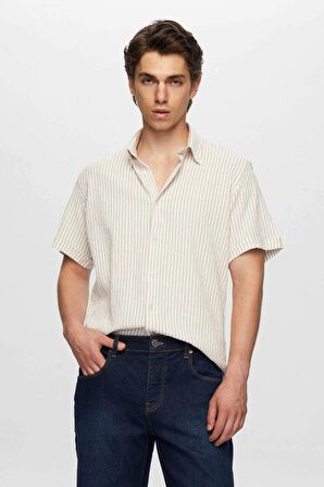 Slim Fit Bej Gofre Çizgili Kısa Kollu Yazlık Gömlek 8HC02ORT04265