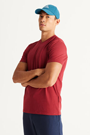 Erkek Bordo Slim Fit Dar Kesim %100 Pamuk V Yaka Kısa Kollu Tişört