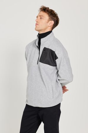 Erkek Gri Melanj Oversize Fit Genis Kesim Bato Yaka Cep Detayli Fermuarli Isi Tutan Polar Sweatshirt