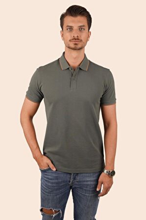Haki Taba Yaka Çizgili Polo Tişört