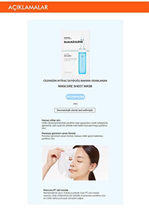 Guaiazulene  İçerikli  Pürüzsüz Görünüm Veren Yaprak Maske (1ad) Mascure Calming Solution Sheet Mask