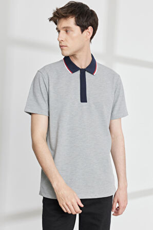 Erkek Gri Melanj Slim Fit Dar Kesim Polo Yaka Kısa Kollu Pamuklu Tişört