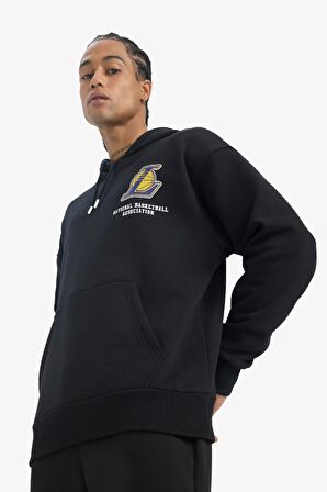 DeFactoFit NBA Los Angeles Lakers Oversize Geniş Kalıp Kapüşonlu Kalın Sweatshirt D8489AX25SPBK81