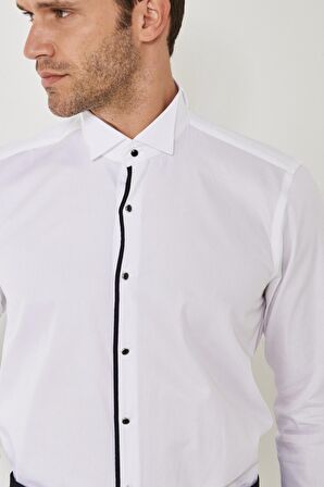 Erkek Beyaz-siyah Slim Fit Dar Kesim %100 Pamuk Ata Yaka Gömlek