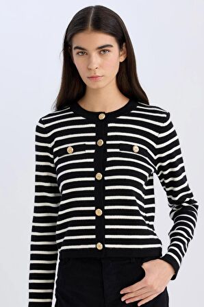 DeFacto Regular Fit Bisiklet Yaka Çizgili Düğmeli Triko Hırka D3307AX24WNBK27