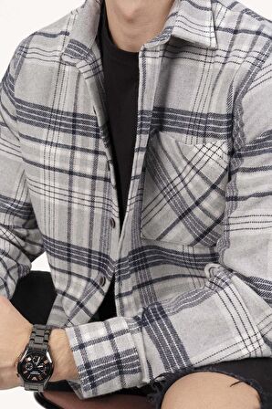 Gri Lacivert Çizgili Oversize Kalın Oduncu Gömlek
