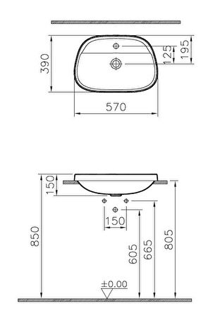 VitrA Frame 5696B401-0041 Armatür Bantlı Tezgah Üstü TV Lavabo, 57 cm, Mat Beyaz