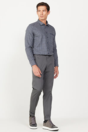 Erkek Gri Slim Fit Dar Kesim Gabardin Kumaş Desenli Pamuklu Esnek Beli Lastikli Pantolon