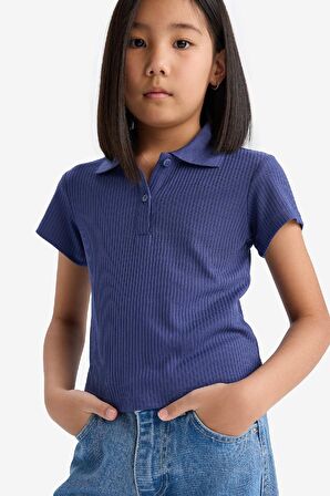 DeFacto Kız Çocuk Slim Fit Dar Kesim Basic Düz Fitilli Kaşkorse Kısa Kollu Polo Tişört Z7794A625SMPR498