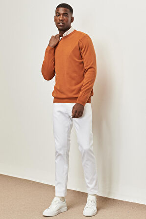 Erkek Kiremit Standart Fit Normal Kesim Bisiklet Yaka Triko Kazak