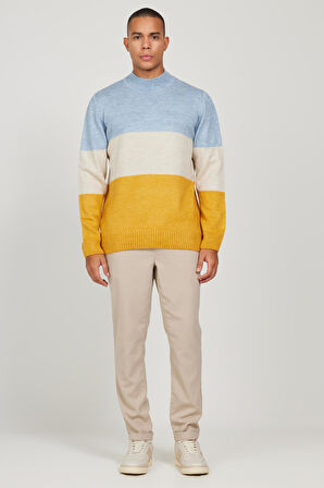 Erkek Mavı-hardal Standart Fit Normal Kesim Yarım Balıkçı Yaka Çizgili Triko Kazak