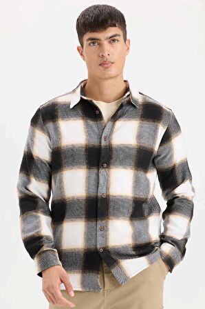 DeFacto Regular Fit Polo Yaka Kareli Flanel Uzun Kollu Gömlek D5835AX24AUBN279