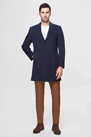 Ds Damat Regular Fit Lacivert Çizgili Yünlü Palto 1HF083220016M