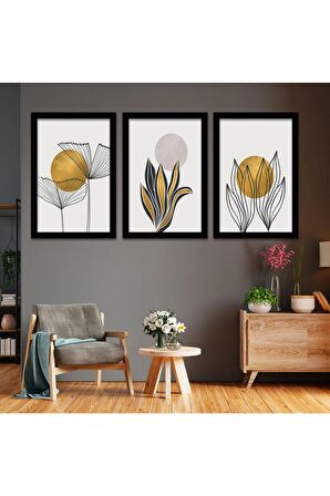 Gümüş Aynalı Pleksi Çerçeveli Renkli Çiçekler Üçlü Mdf Tablo Seti