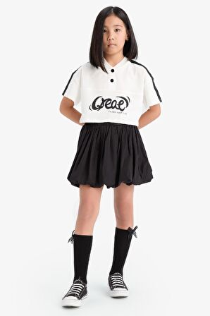 DeFacto Kız Çocuk Crop Bisiklet Yaka Düğmeli Baskılı Kısa Kollu Tişört E1881A825SMER85