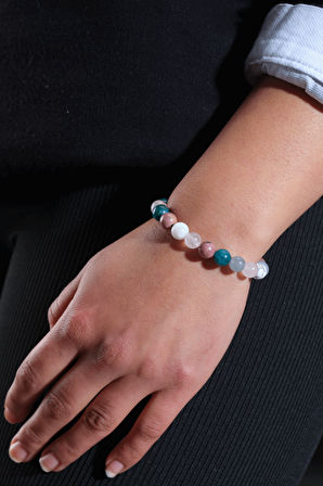 Sertifikalı Doğal Taş Kadın Tasarım Bileklik,pembe Kuvars,apatit, Aytaşı Akuamarin Sevgiliye Hediye