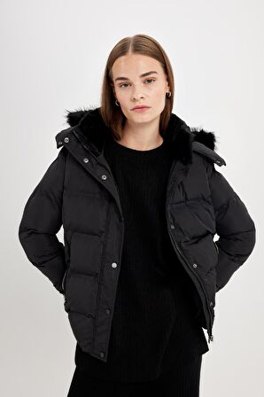 DeFacto Su İtici Puffer Şişme Mont Kapüşonlu Fermuar Çıtçıt Kapmalı Cepli C9523AX24WNBK27
