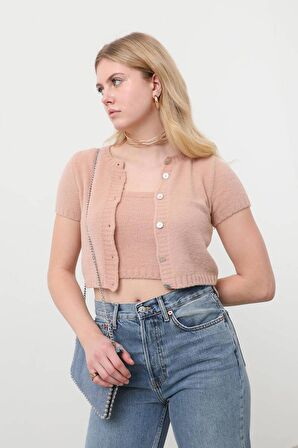 Peluş Hırkalı Crop Top Camel