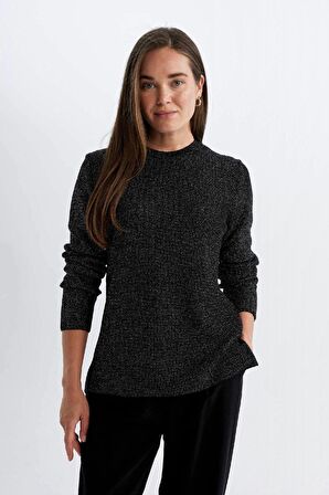 DeFacto Regular Fit Bisiklet Yaka Simli Kumaş Triko Kazak D0405AX24WNBK81