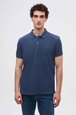D'S Damat Regular Fit İndigo Pike Dokulu %100 Pamuk Kıvrılmaz Polo Yaka Nakışlı T-Shirt 4HC14ORT51000