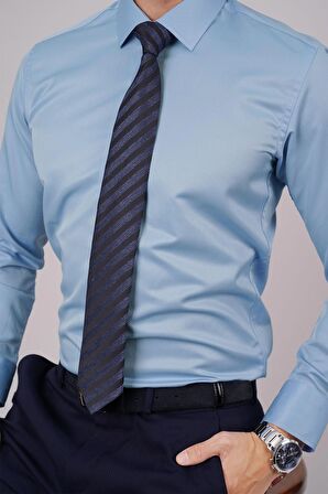 Gömlek Kravat Seti ( Lacivert Çizgi Desenli Kravat & Şeker Mavisi Saten Slimfit Gömlek)