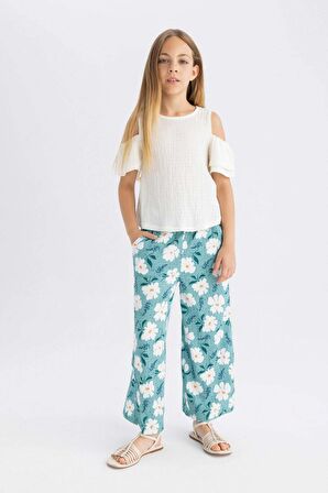 DeFacto Kız Çocuk Wide Leg Geniş Bol Paça Çiçekli Beli Lastikli Bürümcük Pantolon C5373A824SMGN1242