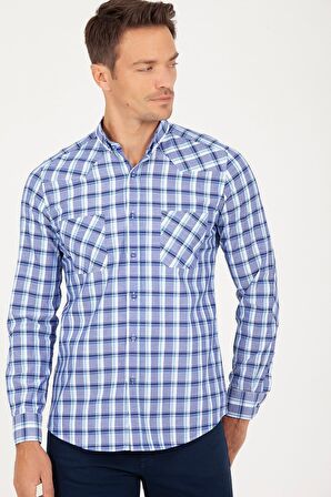 Slim Fit Lacivert Kareli Spor Gömlek | S