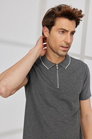 Erkek Antrasit Slim Fit Dar Kesim Polo Yaka Jakarlı Tişört