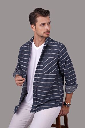 Mavi Beyaz Çizgili Oversize Erkek Gömlek