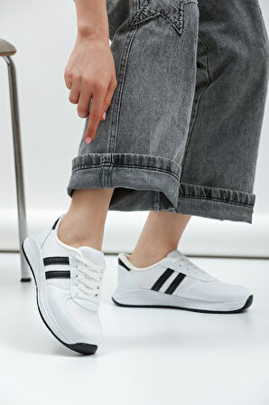Kadın - Erkek - Unisex Bağcıklı Anatomik Taban Günlük Spor Ayakkabı Sneaker Beyaz Siyah