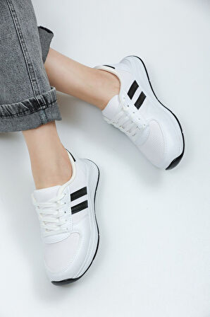 Kadın - Erkek - Unisex Bağcıklı Anatomik Taban Günlük Spor Ayakkabı Sneaker Beyaz Siyah