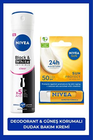 Nivea Kadın Sprey Deodorant Black&White Invisible Clear 150ml ve Yüksek Güneş Korumalı Dudak Bakım Kremi