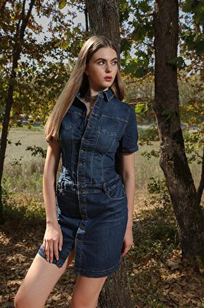 Kadın Boydan Düğmeli Jean Elbise