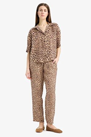 Carrot Fit Leopar Desenli Modal Kumaş Pantolon Çift Cepli Yüksek Bel Düz Paça