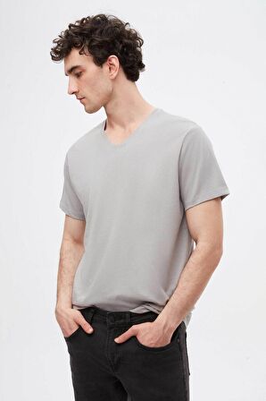 Ds Damat Slim Fit Gri V Yaka %100 Pamuk T-Shirt 4HC141996755M