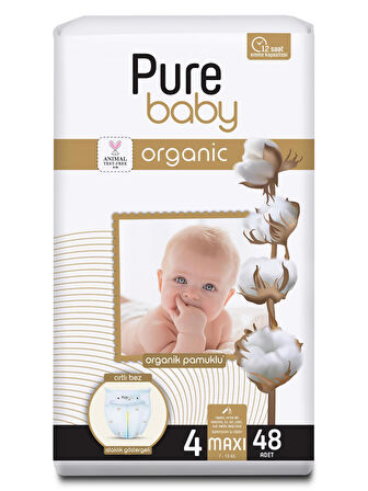Pure Baby Organik Pamuklu Cırtlı Bez Tekli Paket 4 Numara Maxi 48 Adet