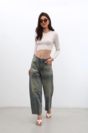 Kadın Yüksek Bel Skater Fit Jean Pantolon Tint Yeşil