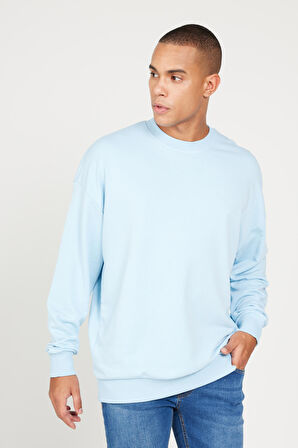 Erkek Açık Mavi Oversize Bol Kesim 3 Iplik Bisiklet Yaka Pamuklu Sweatshirt