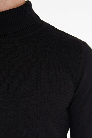 Siyah Desenli Tam Balıkçı Triko Kazak | XL